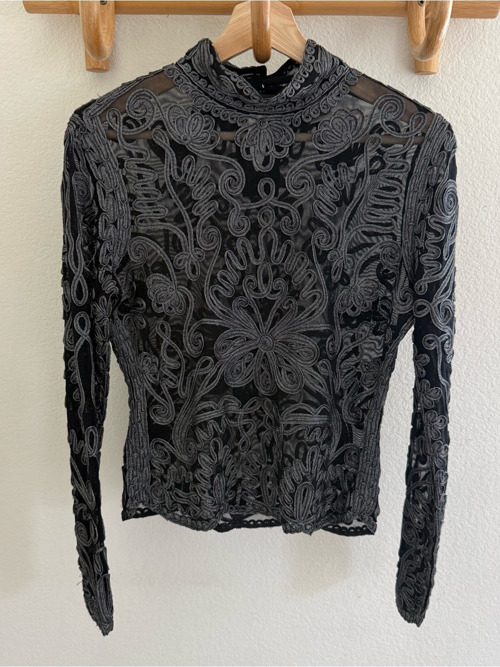 Y2K whimsigoth CACHE mesh mock neck silver soutache embroidery long sleeve top